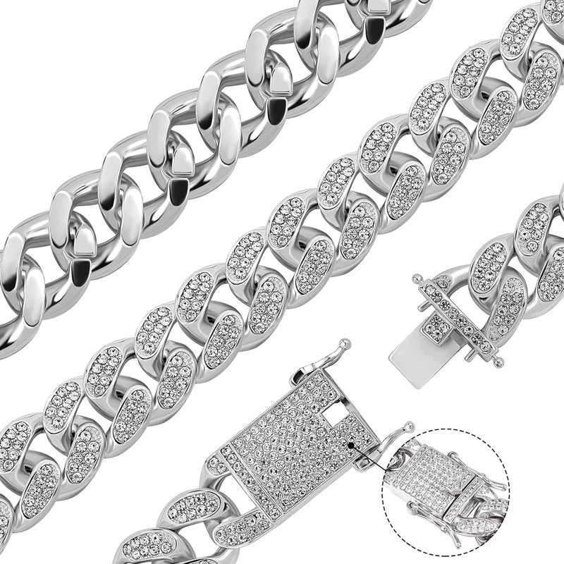 GIHENHAO Cuban Link Chain for Men,Silver Necklace and Bracelet,Miami Cuban Chains,Bling Diamond Chain for Hip Hop Jewelry - Image 2